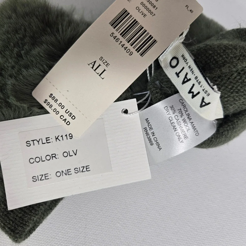 Carolina Amato Anthropologie Green Wool Cashmere Faux‎ Fur Fingerless Gloves NEW